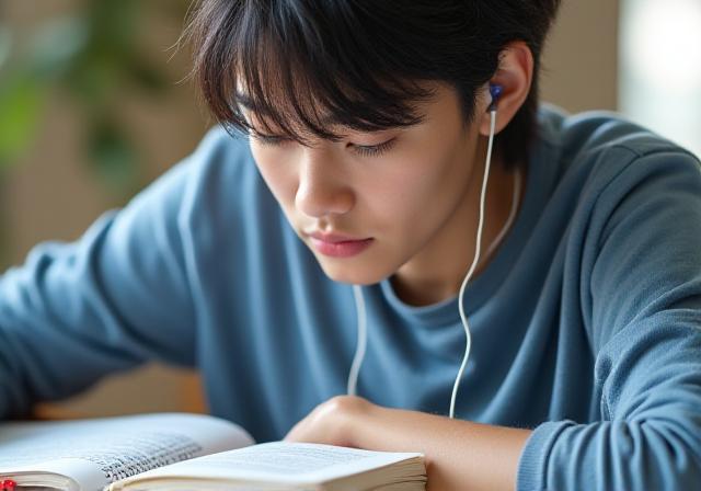 Focused student studying for international language exams